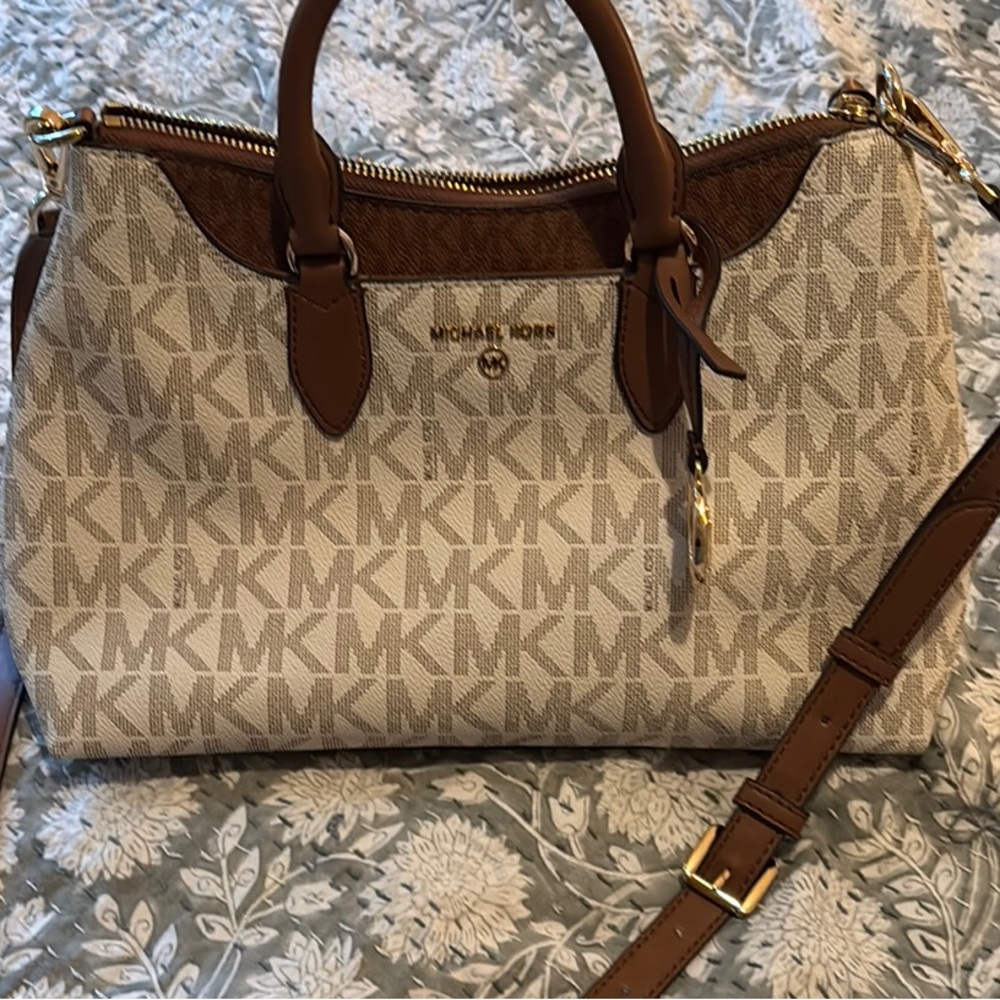 Michael Kors Brown and Cream Satchel with Signature Monogram EUC